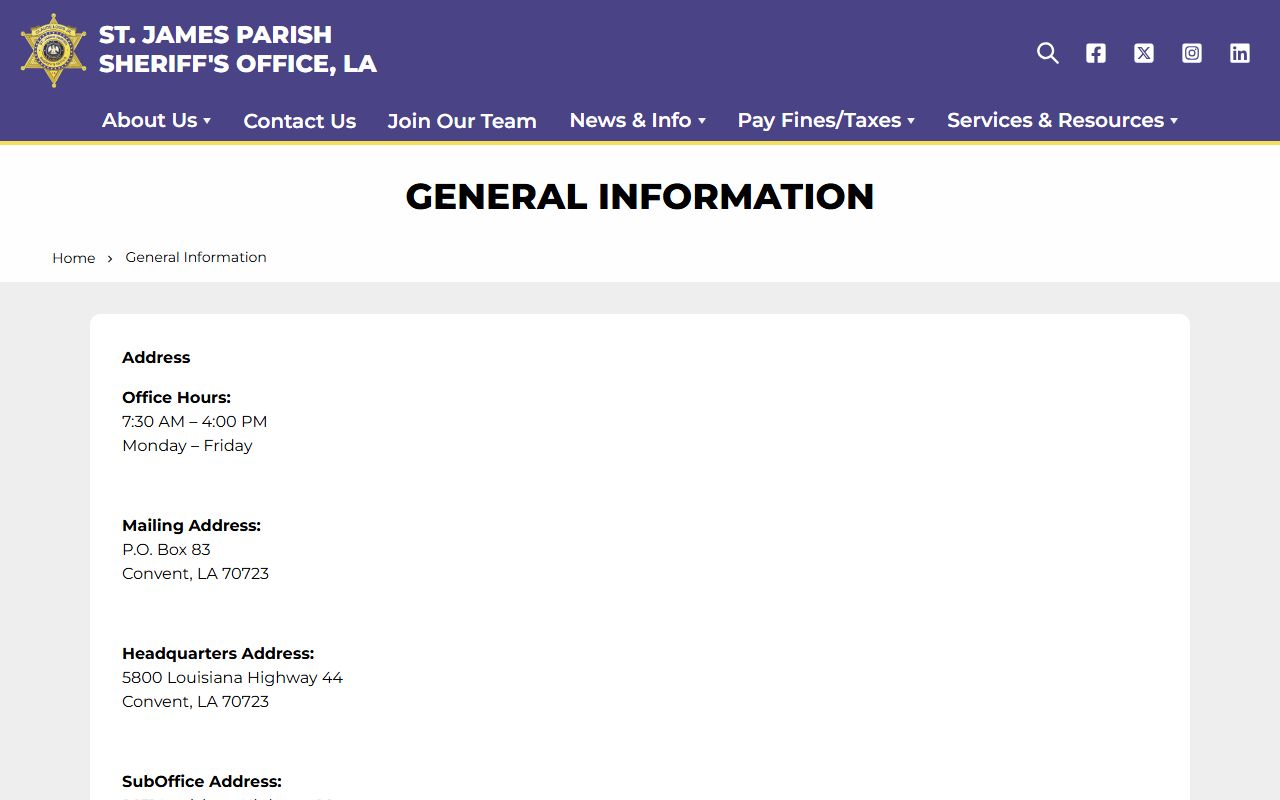 St. James Parish Correctional Center general information address and phone page
