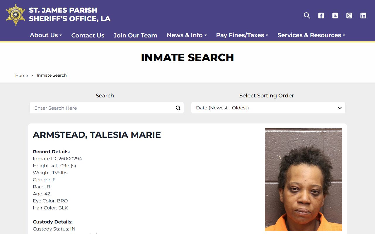 St. James Parish County inmate search roster controls